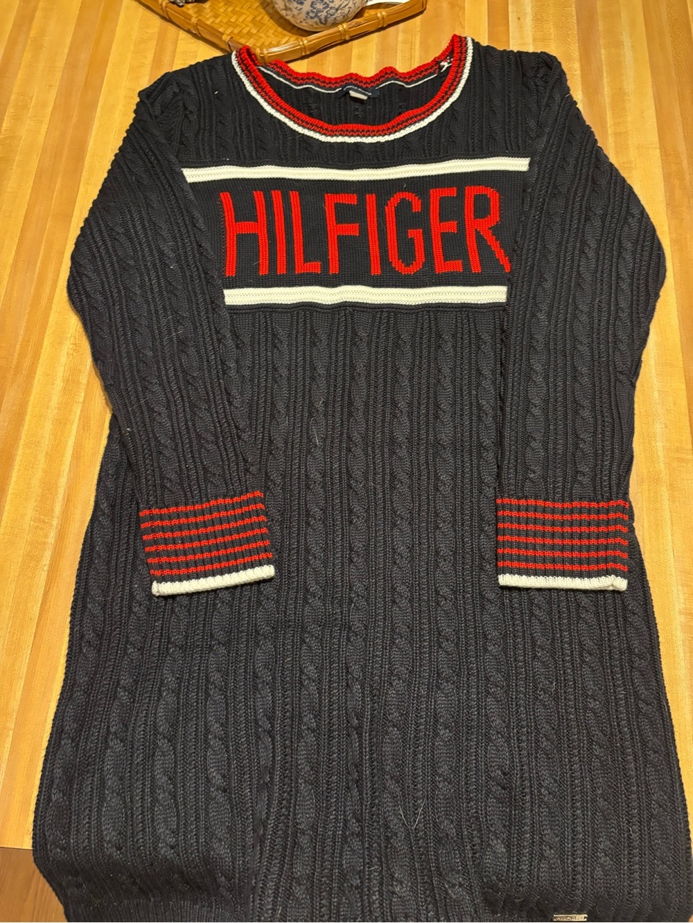 Tommy Hilfiger Navy Sweater with Red and White Stripe Trim